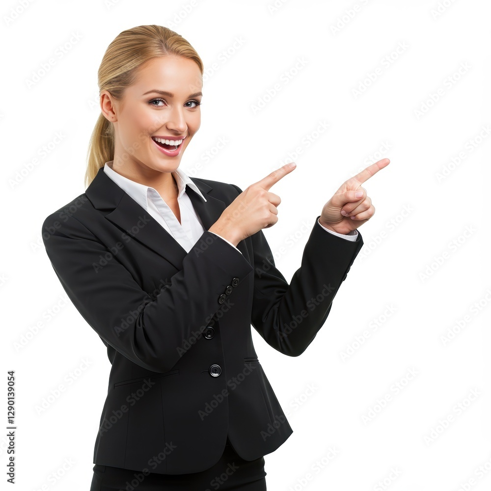 Confident Businesswoman Pointing in Black Suit on White Background for Corporate Marketing and Professional Presentations Confident Businesswoman Pointing in Black Suit on White Background for Corporate Marketing and Professional Presentations