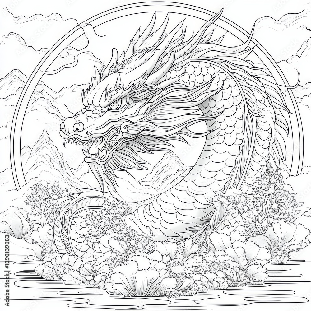 Fototapeta premium Serene Asian Dragon in Lotus Garden Intricate Line Art Coloring Page