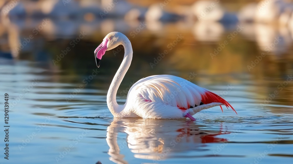Fototapeta premium Elegant flamingo gracefully swimming in serene water reflecting soft sunlight creating a peaceful ambiance in nature photography