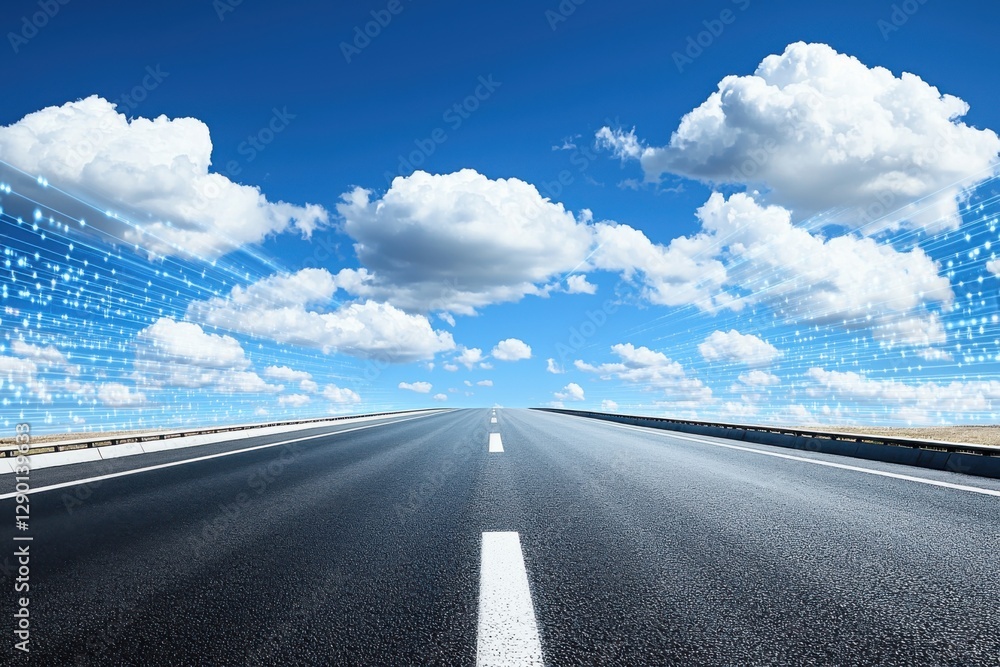 Fototapeta premium Cloud Computing Software Latency. Open road stretching towards a bright sky with clouds.