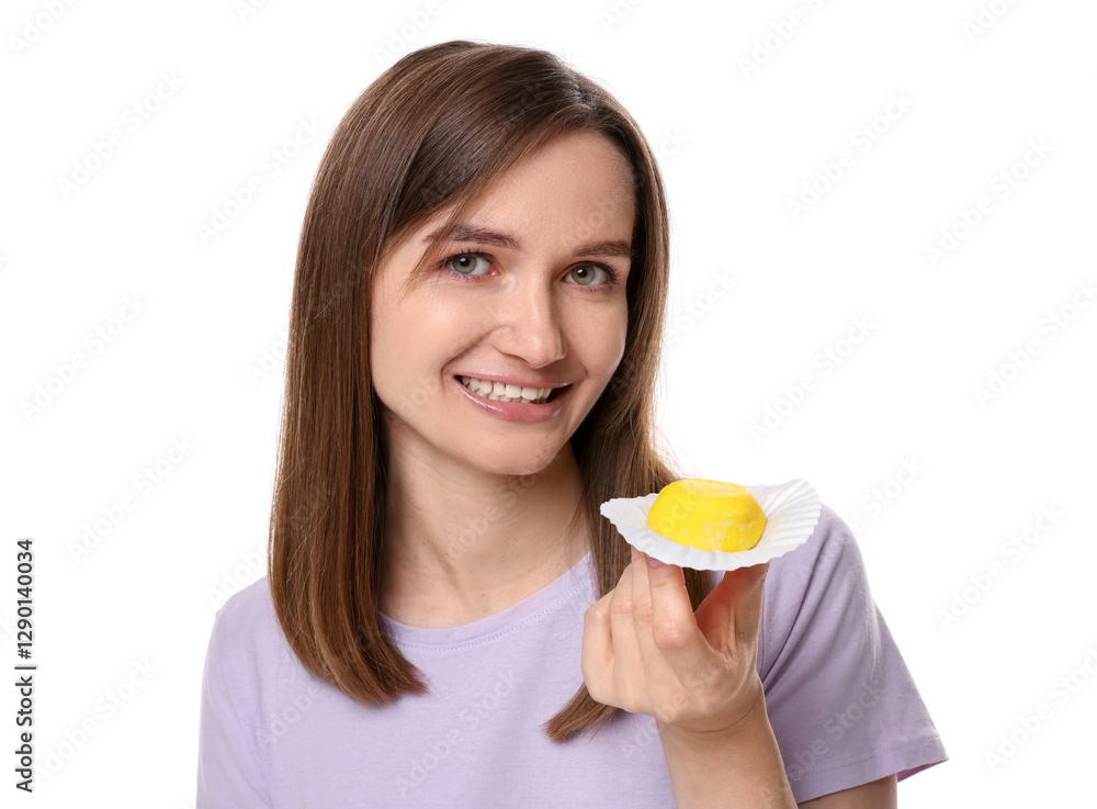 Woman with tasty mochi on white background Woman with tasty mochi on white background