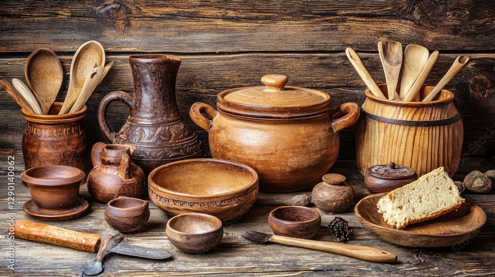 Rustic Still Life with Wooden Utensils and Pottery on Weathered Wood Background Capturing Warmth and Tradition Rustic Still Life with Wooden Utensils and Pottery on Weathered Wood Background Capturing Warmth and Tradition