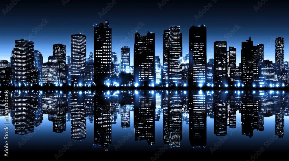 Fototapeta premium Dramatic cityscape at night reflecting in calm water creating a serene urban scene with modern architecture and illuminated buildings