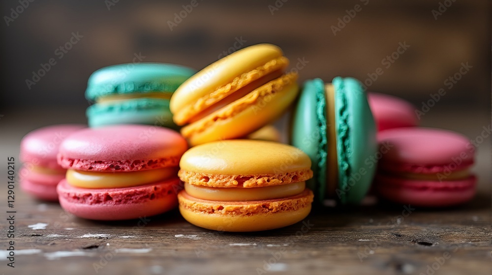 Fototapeta premium French Macarons on a Rustic Wooden Table An Elegant and Delicious Gourmet Treat with Assorted Flavors