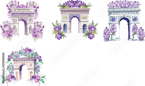 France arc de triumph with purple floral decoration vector art set design