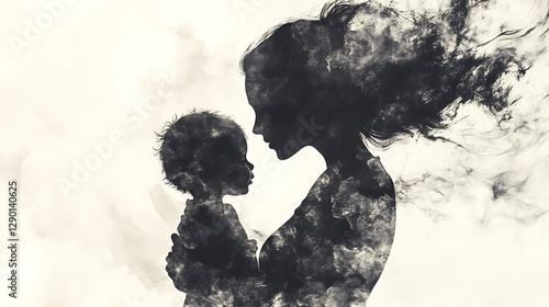 Wallpaper Mural Mother and baby silhouette, smoke effect, monochrome. Torontodigital.ca