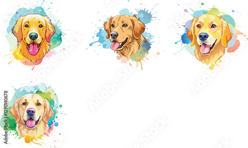 Golden retriever dog head watercolor vector art set design