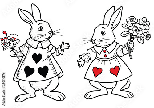 Alice wonderland rabbit clipart. Two rabbits holding flowers, dressed in heart-themed outfits. Vector illustration design.