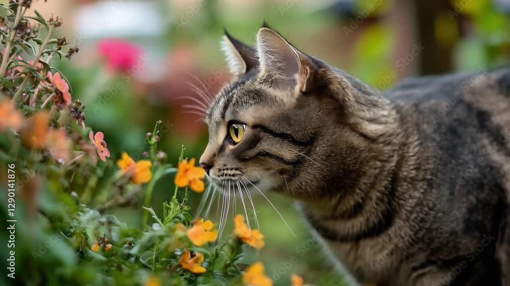 The cat stealthily crouched behind the bushes, intently watching the birds fluttering nearby. The cat stealthily crouched behind the bushes, intently watching the birds fluttering nearby.