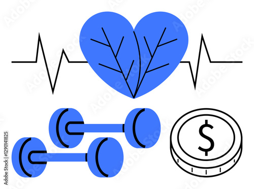 Leaf-shaped heart, heartbeat line, dumbbells, and coin suggest health, fitness, and financial well-being. Ideal for healthcare, fitness, finance wellness sustainability savings abstract line flat