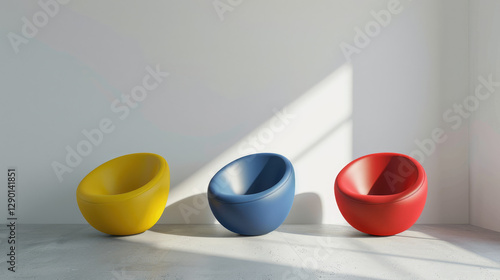 Three small colorful egg-shaped chairs in a minimalist interior