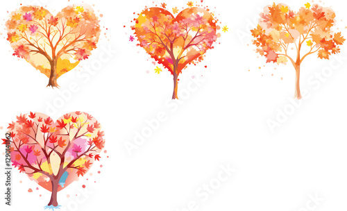 Heart shape maple tree watercolor vector art design set