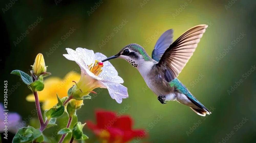 Fototapeta premium Hummingbird hovering near a delicate white flower in a vibrant garden with soft light and a shallow depth of field capturing the beauty of nature