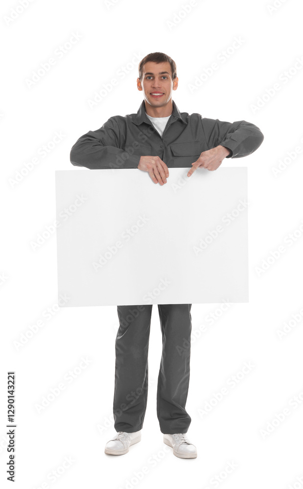 Smiling cleaning service worker with sheet of paper on white background. Space for text Smiling cleaning service worker with sheet of paper on white background. Space for text