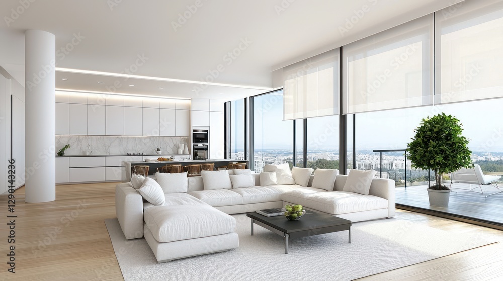 Fototapeta premium Elegant Interior Design of a Modern Open Plan Living Room with White Sofa and Kitchen Island Offering a Bright and Airy Ambiance with City View