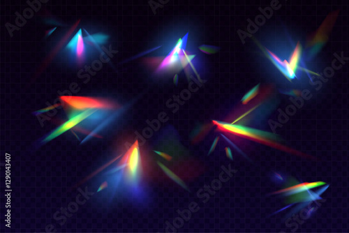 Prism light, rainbow crystal flare reflection, lens refraction. Realistic 3d vector set of glass, jewelry, diamond or gemstone glare. Optical physics effect isolated iridescent spectrum overlay shine
