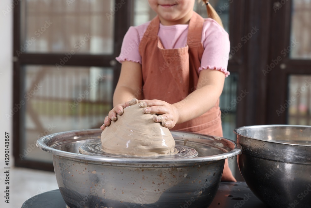 Fototapeta premium Hobby and craft. Girl making pottery indoors, closeup