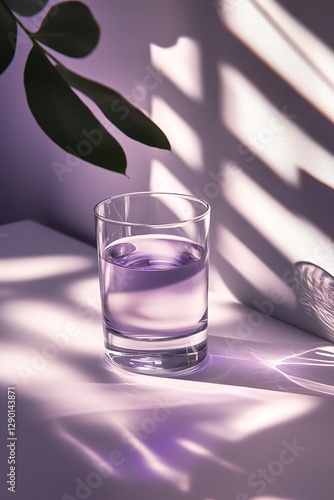 Wallpaper Mural Purple drink in glass, sunlight shadows, plant leaves, minimalist scene Torontodigital.ca