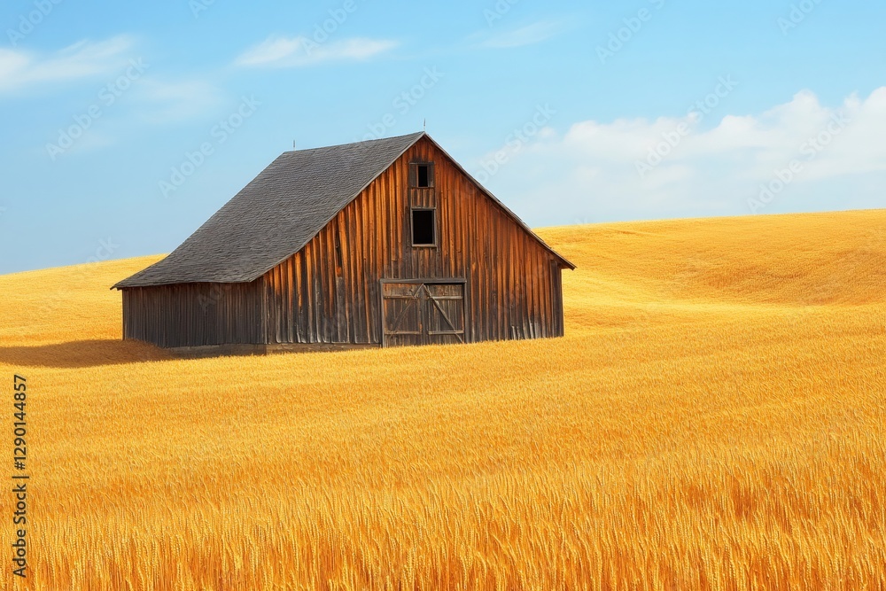 Obraz premium Old wooden barn standing in a golden wheat field under a blue sky