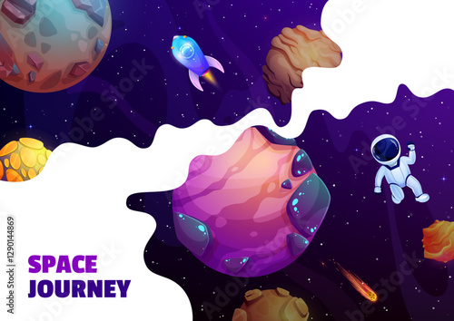 Outer space, cartoon astronaut in galaxy space stars and planets, vector background. Space journey of spaceman and spaceship rockets in fantasy galaxy with alien planets, meteorites and asteroids