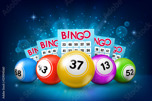 Lottery balls and bingo tickets. Gamble jackpot win, bingo game luck opportunity or gambling lottery lucky bet vector background. Casino lotto fortune chance realistic backdrop with tickets and balls