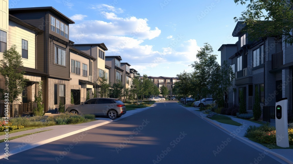Modern Suburban Neighborhood with Solar Panels and EV Chargers Modern Suburban Neighborhood with Solar Panels and EV Chargers