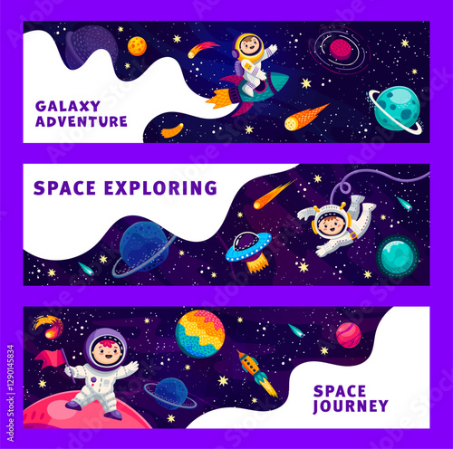 Cartoon space banners. Funny astronauts and space galaxy landscape. Vector bookmarks or horizontal cards with cute kid cosmonaut soar in weightlessness, riding rocket, engage in colonization mission