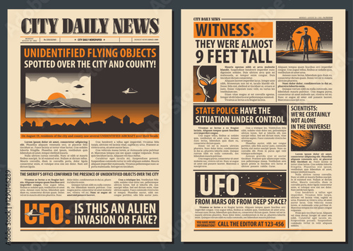 Newspaper template. Extraterrestrial alien, UFO and space planets on newsprint paper vector background. Newspaper front page layout with alien invasion headline, flying saucer and martian articles
