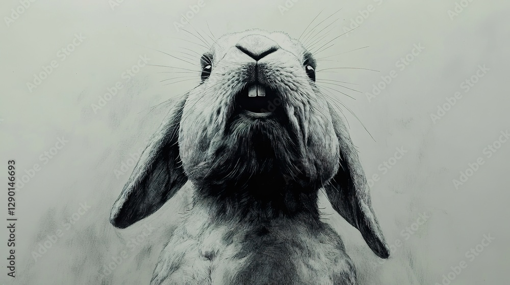 Obraz premium Black and white portrait of a rabbit looking upwards
