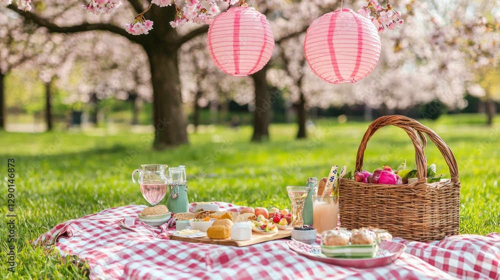 Charming picnic scene with pink lanterns hanging from blossoming cherry trees on a sunny spring day in park Charming picnic scene with pink lanterns hanging from blossoming cherry trees on a sunny spring day in park