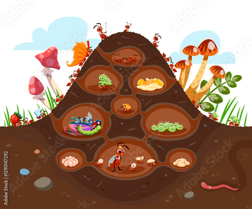 Cartoon anthill colony at soil. Funny ant characters. Isolated vector insects in formicary consisting of tunnels and chambers filled with foods, larvas or aphids. Each ant has specific roles and tasks