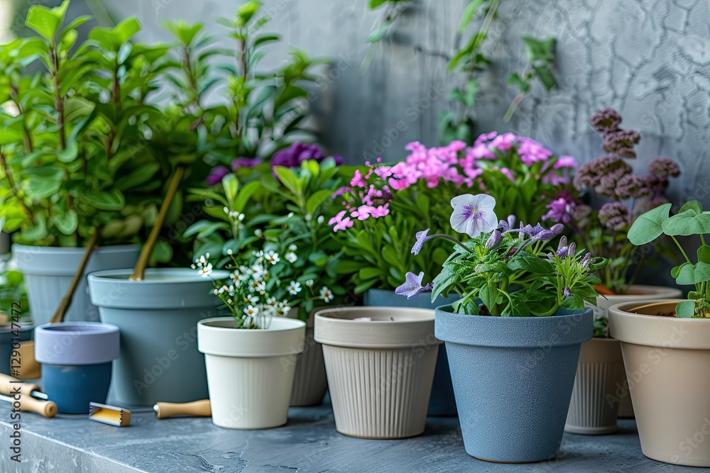 Premium Quality Image of Arrangement of Flowerpots with Gardening Instruments Premium Quality Image of Arrangement of Flowerpots with Gardening Instruments
