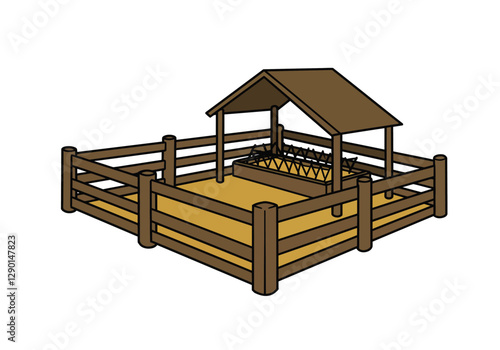 Sheep pen clip art. Wooden fenced enclosure with a roofed shelter and hay feeder. Vector illustration design.