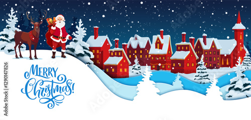 Cartoon paper cut winter town and Santa with deer, Christmas holiday vector background. Merry Christmas greeting in paper cut double exposition of Satna with gifts and reindeer in snowy town village