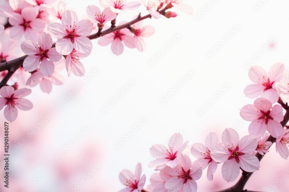 Delicate light pink cherry blossoms frame a white background , floral, illustration, blossom Delicate light pink cherry blossoms frame a white background , floral, illustration, blossom