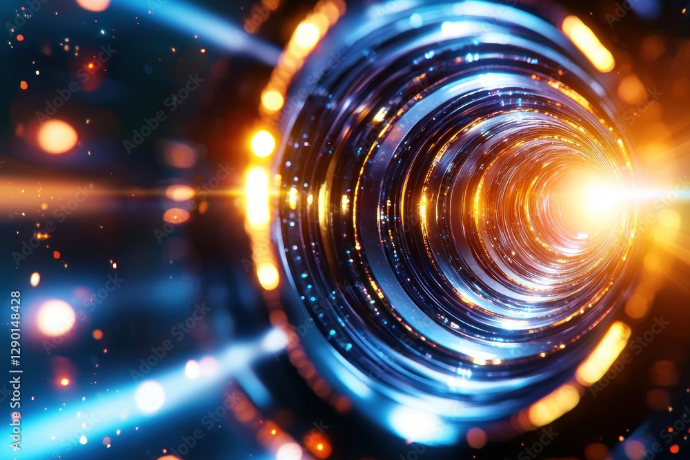 Obraz premium Abstract Metallic Tunnel with Glowing Orbs and Light Burst, Futuristic Technology Background, Geometric Optics, Depth Perspective, Shiny