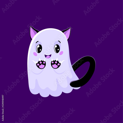 Cartoon cute Halloween kawaii ghost or devil cat kitten, vector funny character for horror holiday. Halloween night spooky ghost or devil kitty with paws and pink horns for trick or treat party