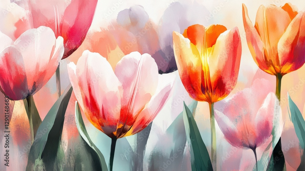 Fototapeta premium Colorful Watercolor Tulips in Soft Brushstrokes