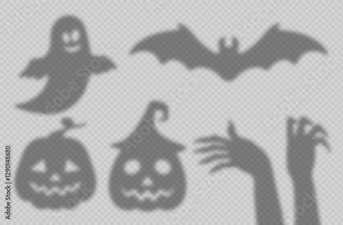 Halloween shadow overlay, isolated vector ghost, pumpkin faces, flying bat and hands shades on the wall with natural light effect. Silhouettes of funny smiling spook, gesturing arms and jack lantern