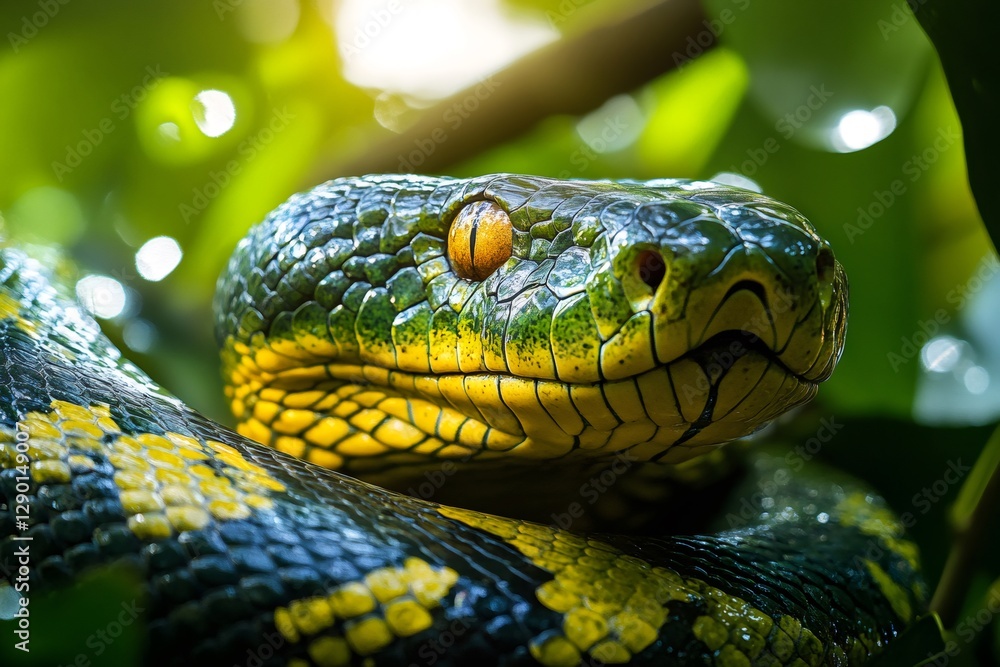 Fototapeta premium Emerald tree boa coiled on a branch, showing its scales and eye