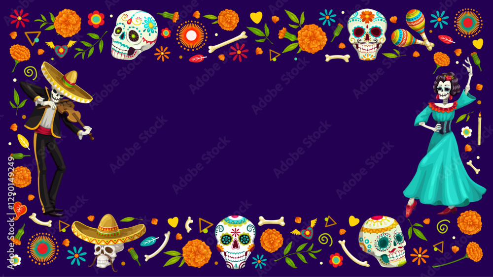 Naklejka premium Dia De Los Muertos Day of the Dead holiday frame with cartoon sugar skulls, marigold flowers. Mexico Halloween vector characters of mariachi musician and Catrina Calavera dancer skeletons with maracas