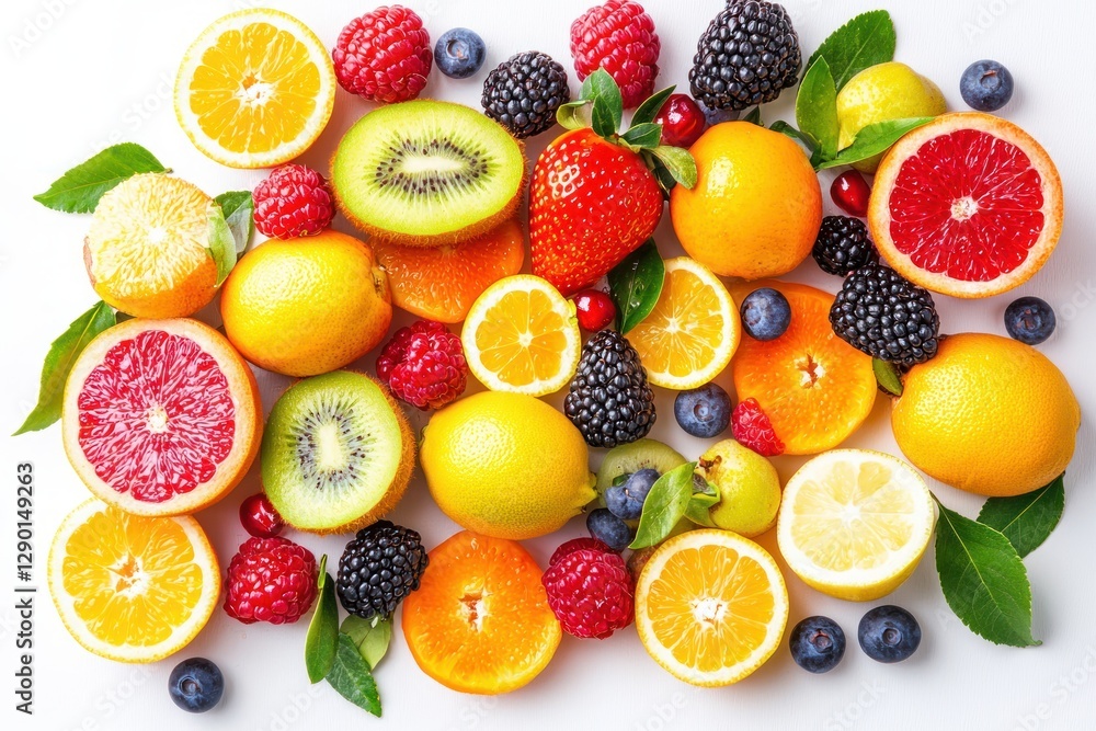 Vibrant Fresh Fruits Medley Bursting with Colors and Juiciness in Artistic Arrangement Top Down View Vibrant Fresh Fruits Medley Bursting with Colors and Juiciness in Artistic Arrangement Top Down View