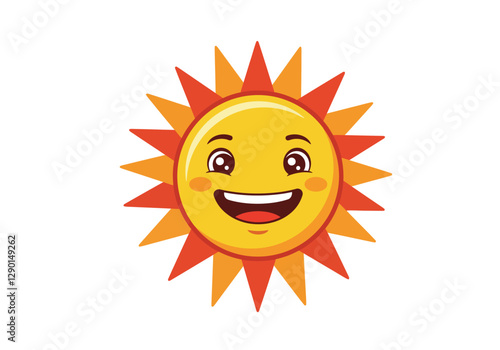 Clip art smiling sun. A bright yellow sun with a happy face, large eyes, and a wide smile, surrounded by alternating orange and red rays. Vector illustration design.