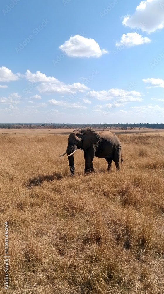Obraz premium Solitary elephant grazing in the african savanna under blue sky