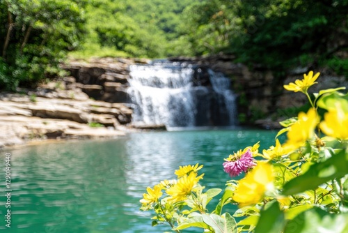 Serene Tropical Waterfall with Vibrant Yellow Flowers Tranquil Turquoise Water Green Lush Foliage Peaceful Nature Scenery Holiday Destination Dreamy Backdrop