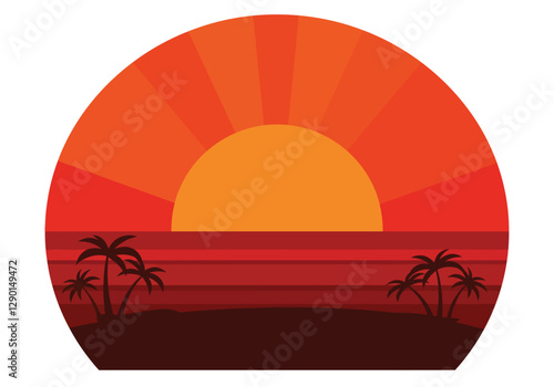 Clip art sun set. A vibrant sunset with an orange sun setting over the ocean, silhouetted palm trees, and a gradient sky. Vector illustration design.