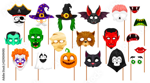 Cartoon Halloween photo booth masks and monster props for holiday, vector faces on sticks. Halloween funny masks of creepy zombie, vampire and mummy, spooky pumpkin and death with werewolf and witch