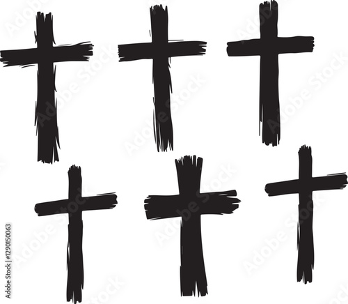 Various grunge-style cross silhouettes in vector design, perfect for gothic, religious, and artistic-themed illustrations