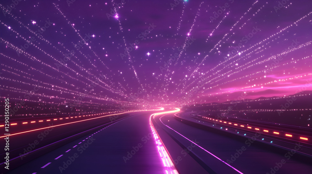 Obraz premium highway with glowing streetlights and a purple sky filled with digital stars 