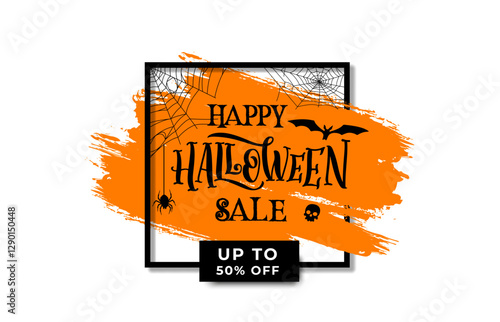 Halloween sale banner with holiday frame, grunge blob, spiders and cobweb. Vector spooky trick or treat special offer and discount voucher of orange brush stroke in square frame, creepy skull and bat